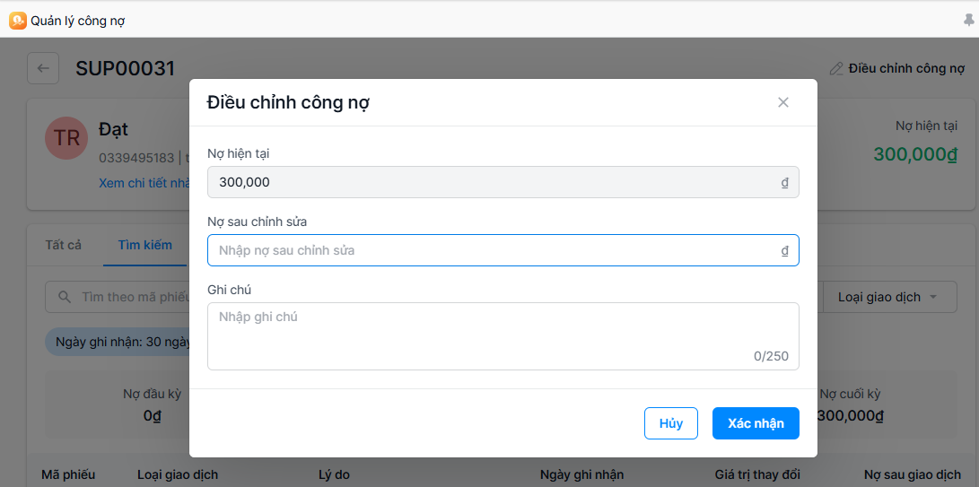 Điều chỉnh công nợ nhà cung cấp